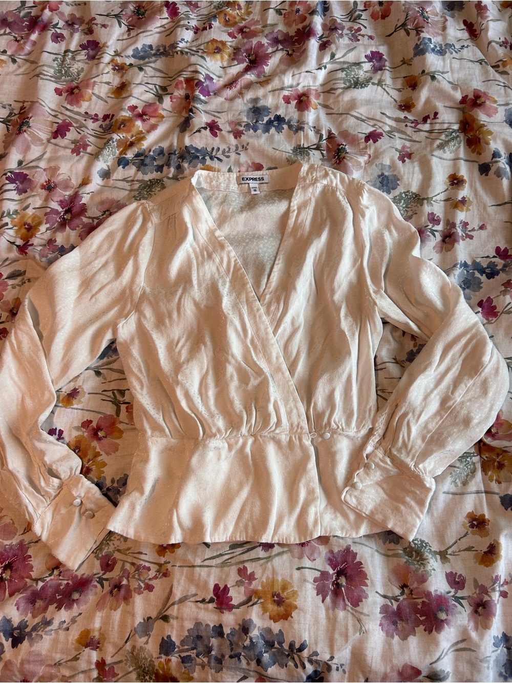 Express Cream Wrap-Style Blouse with Button Cuffs